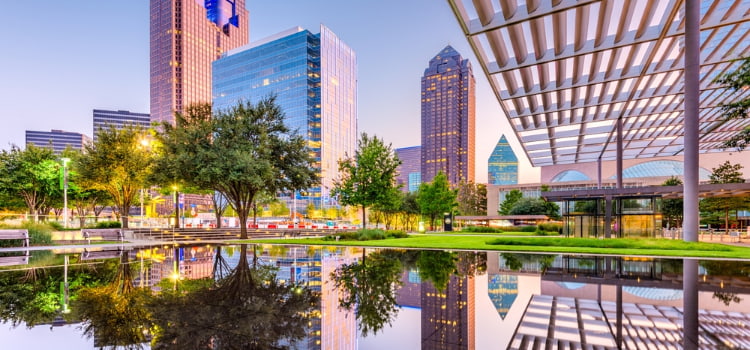 the dallas skyline from a park