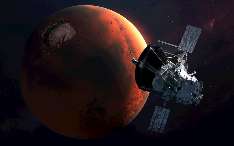 Mars and satellite floating in space