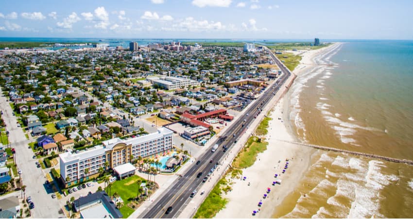 aerial view of galveston waterfront