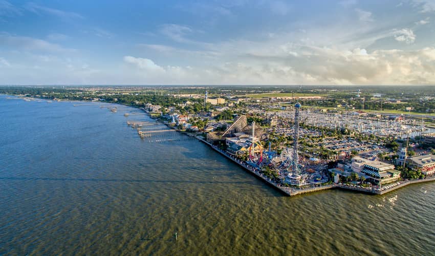 An aerial view of the Kemah Borardwalk in South Texas