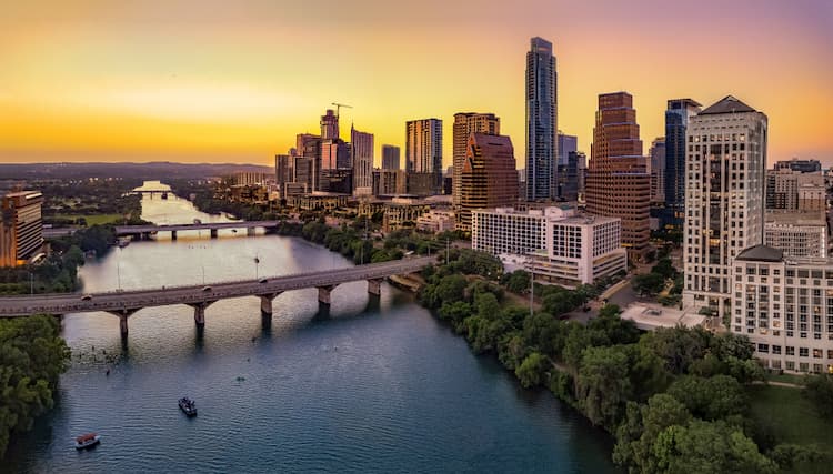 austin texas skyline at sun set