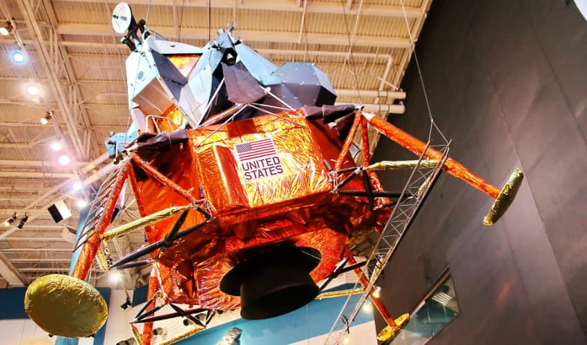 A moon lander on display at Space Center Houston