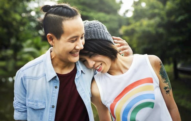 Lesbian couple walking outside