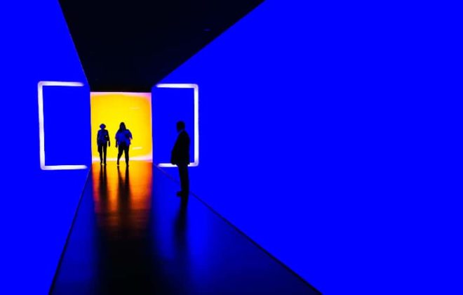 inside the Houston Museum of Art neon walkway