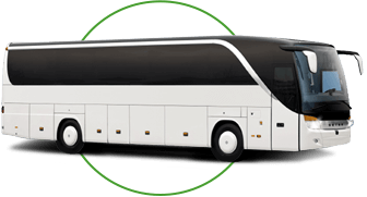 a plain white charter bus with a green circle graphic behind it